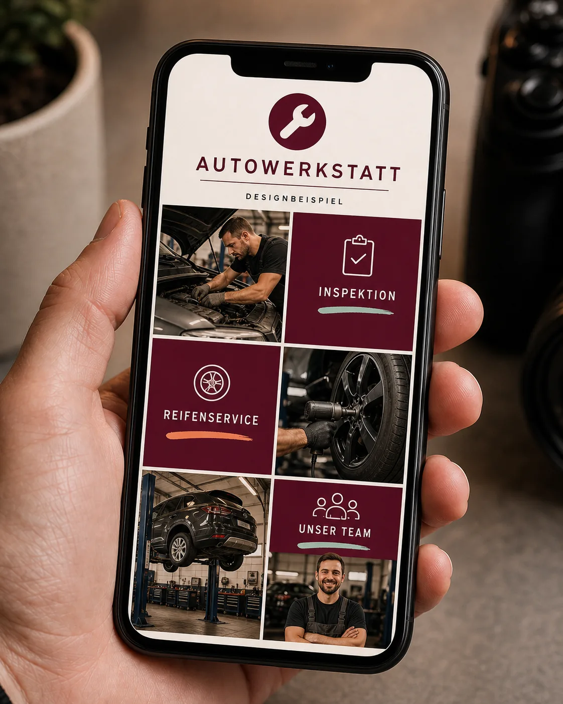 KI-generiertes Designbeispiel: Nahaufnahme eines Smartphones mit Social-Media-Beiträgen für eine Autowerkstatt